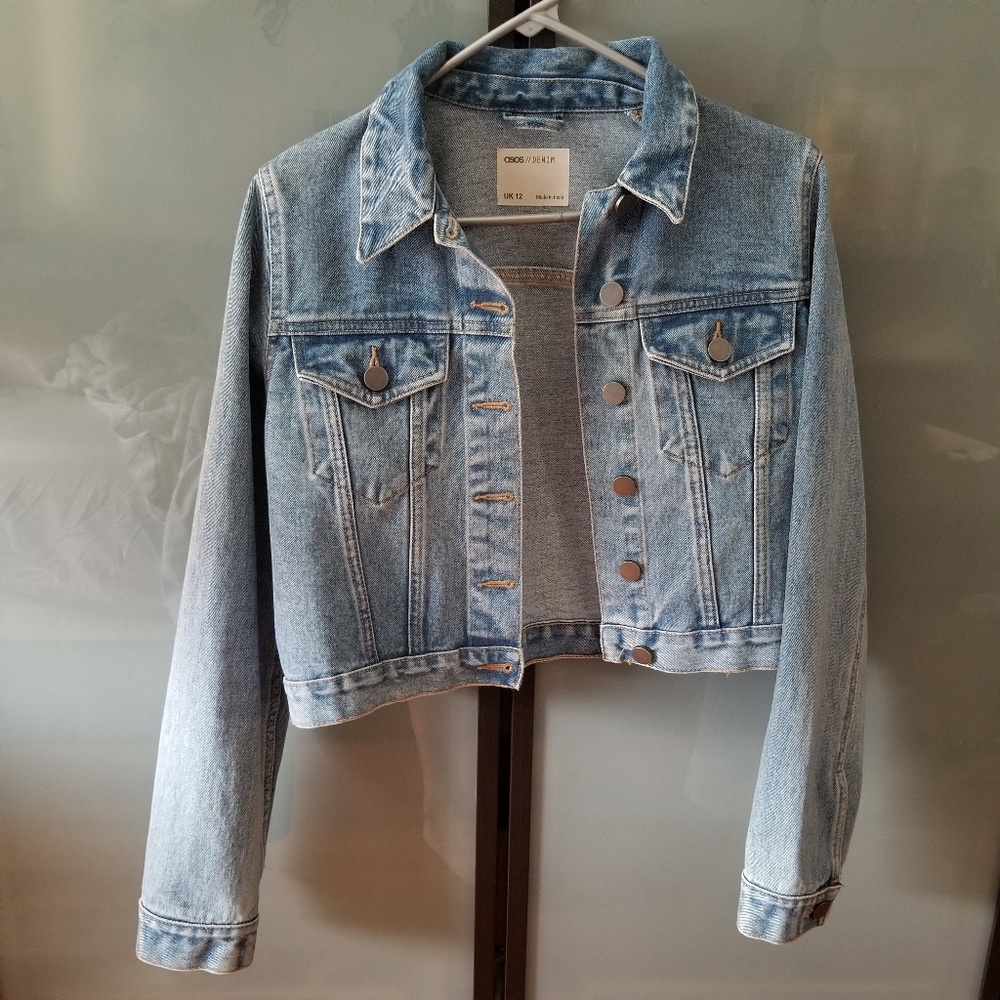 ASOS denim shrunken jacket in midwash blue